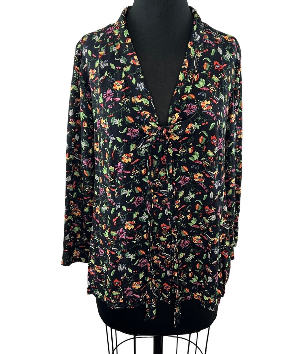 21 of 52 Conversation Anthropologie Black Floral Button-Up Neck Tie Blouse Top M
